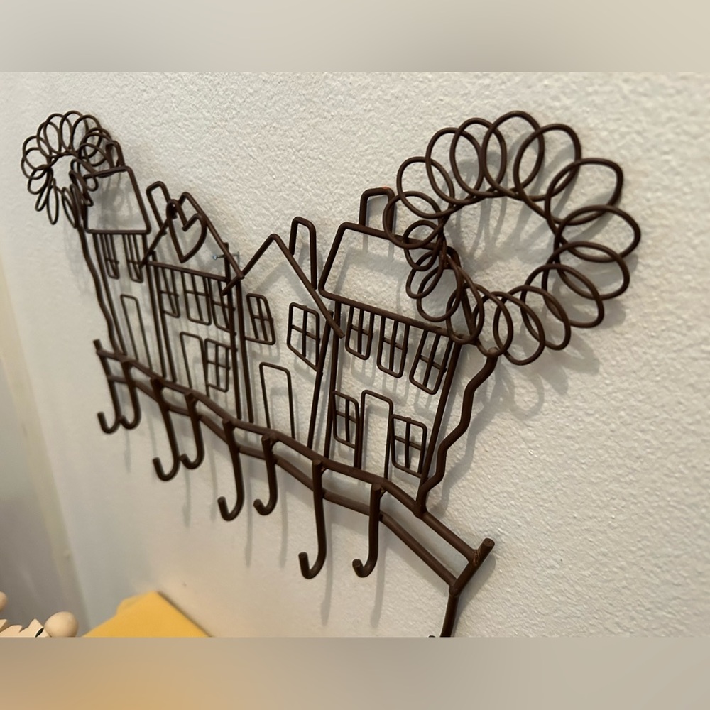 Metal sculpted wall art with hooks for keys and/or fobs